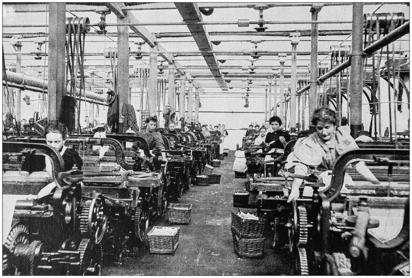 Women working rows of power looms in a Lancashire weaving shed, late nineteenth century