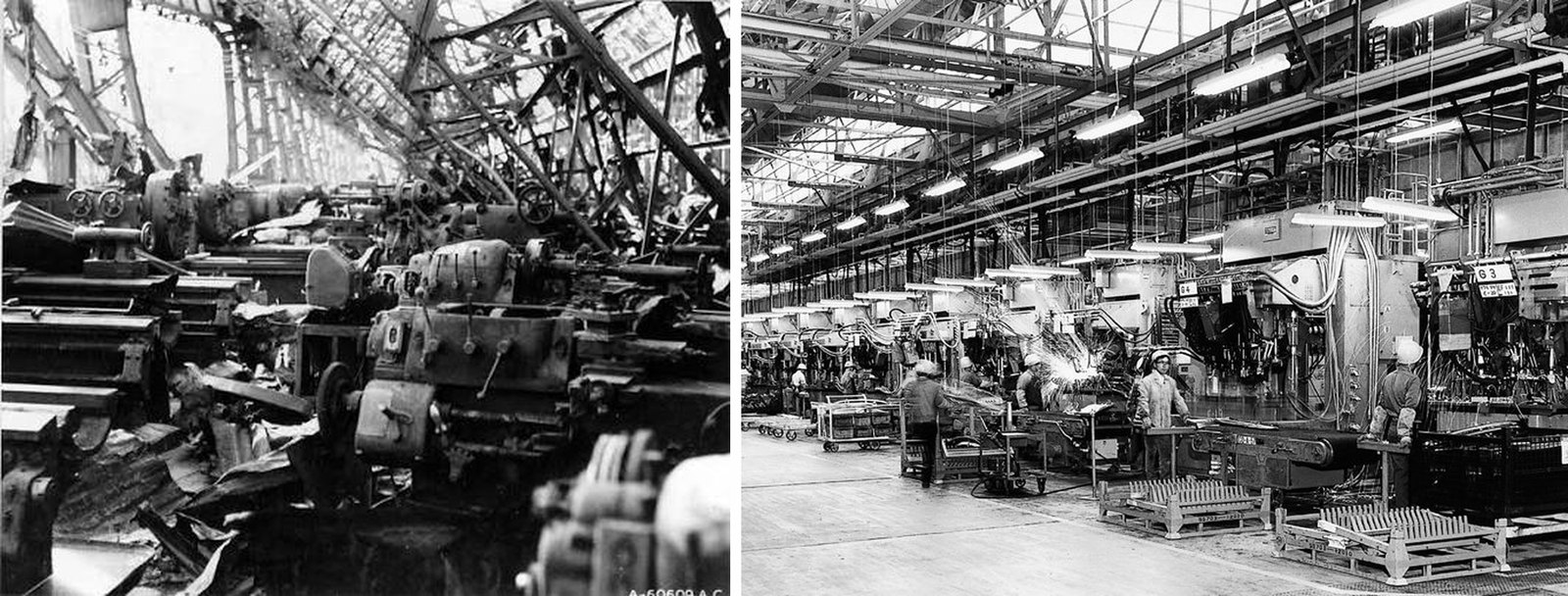 Left: a bombed-out machine shop with wrecked lathes under a collapsed roof. Right: a working post-war production line with welding stations along its length