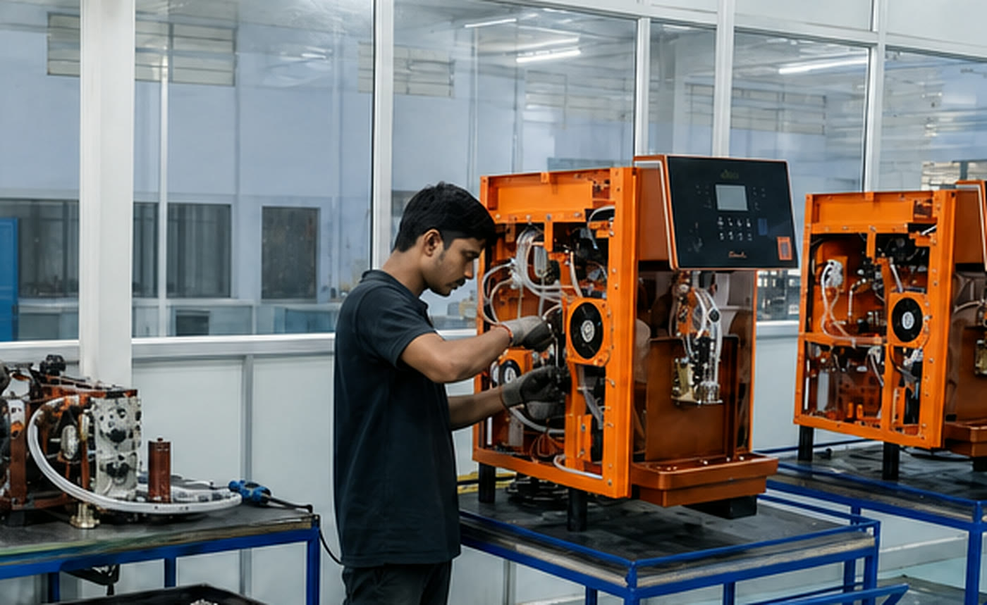 Technician assembling an orange machine cabinet at the workstation