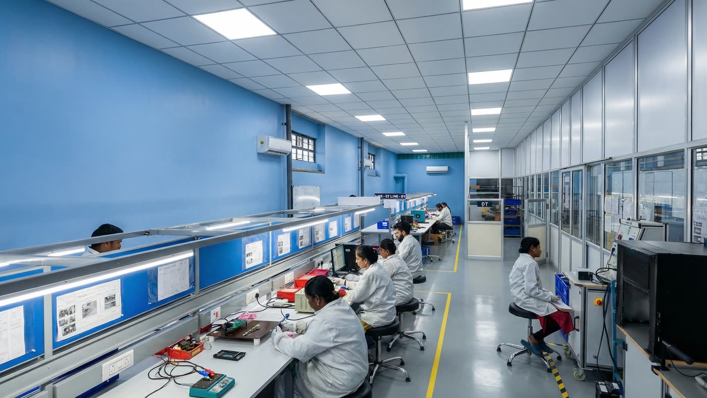 NEMI electronics line, technicians at test benches