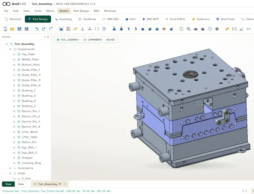 Anvil CAD: a 22-component injection-mold tool assembly, solved