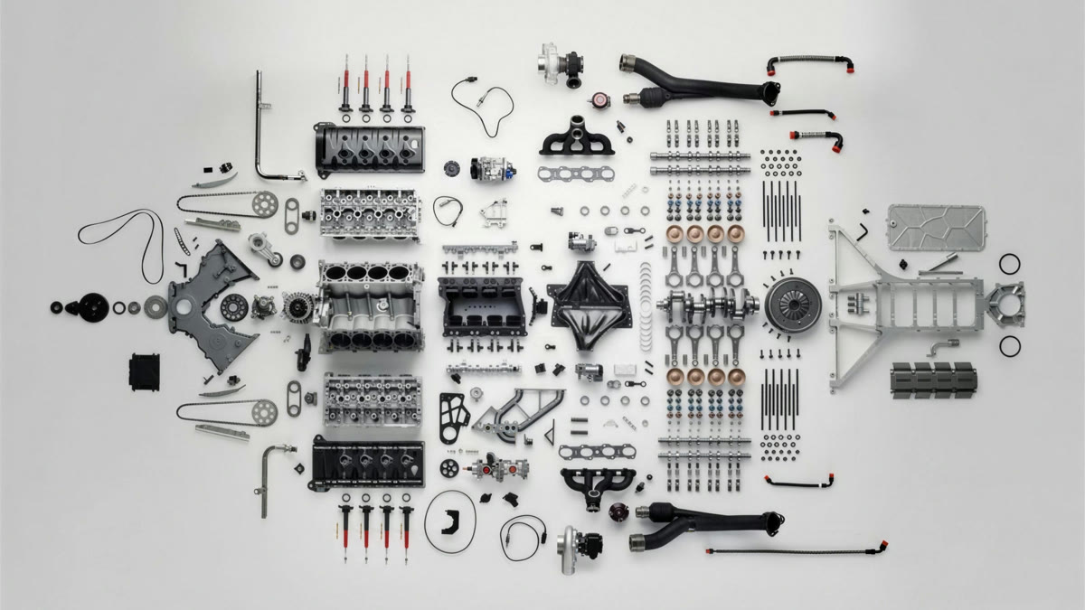 Exploded view of an engine laid out part by part